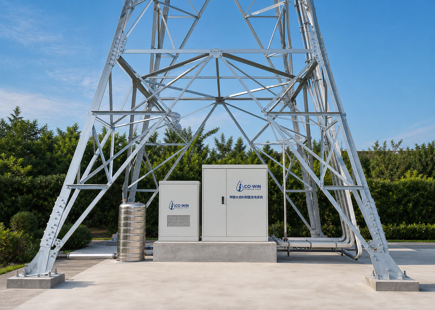 CO-WIN hydrogen backup power system installed beneath a telecom tower