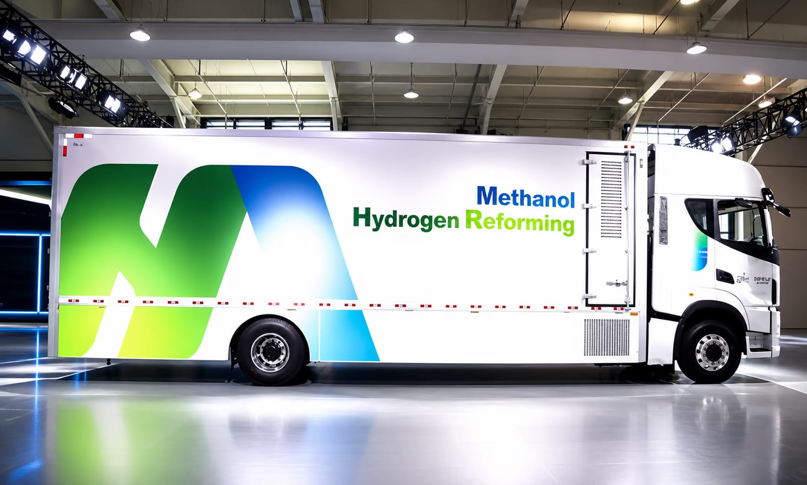 Geely 18-ton methanol reforming hydrogen fuel cell box truck displayed at an exhibition