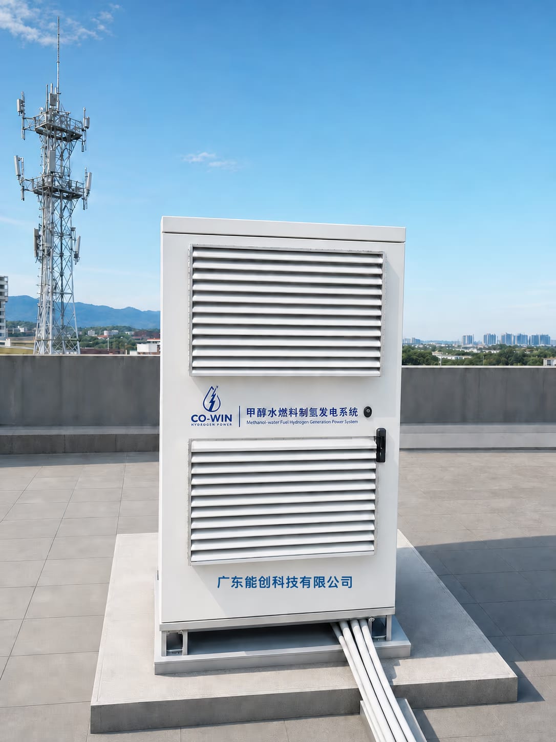 Outdoor rooftop CO-WIN hydrogen fuel cell generator near telecom infrastructure