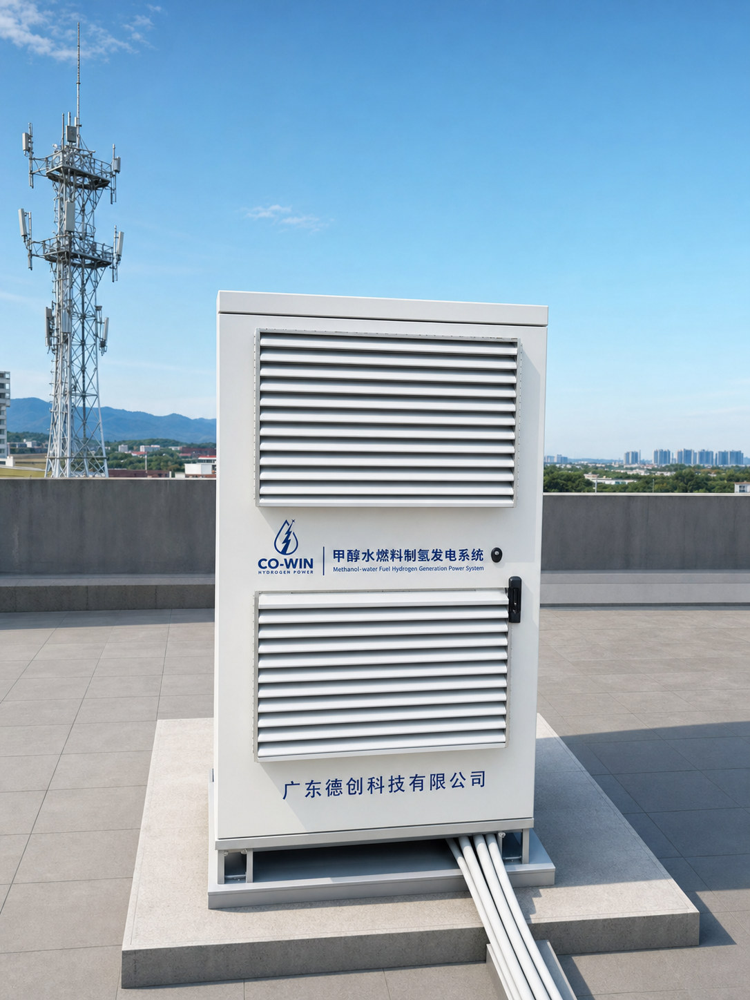 Outdoor rooftop CO-WIN hydrogen fuel cell generator near telecom infrastructure