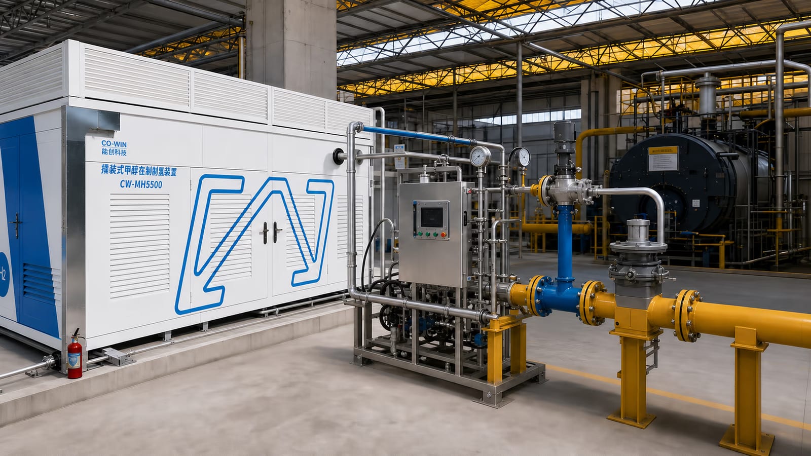 CO-WIN skid-mounted hydrogen blending and combustion equipment connected to industrial natural gas pipelines